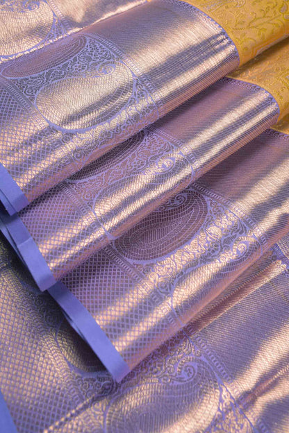Golden Mustard Yellow Kanchipuram Bridal Pure Silk Contrast Violet Zari Border Pallu Saree NAA169
