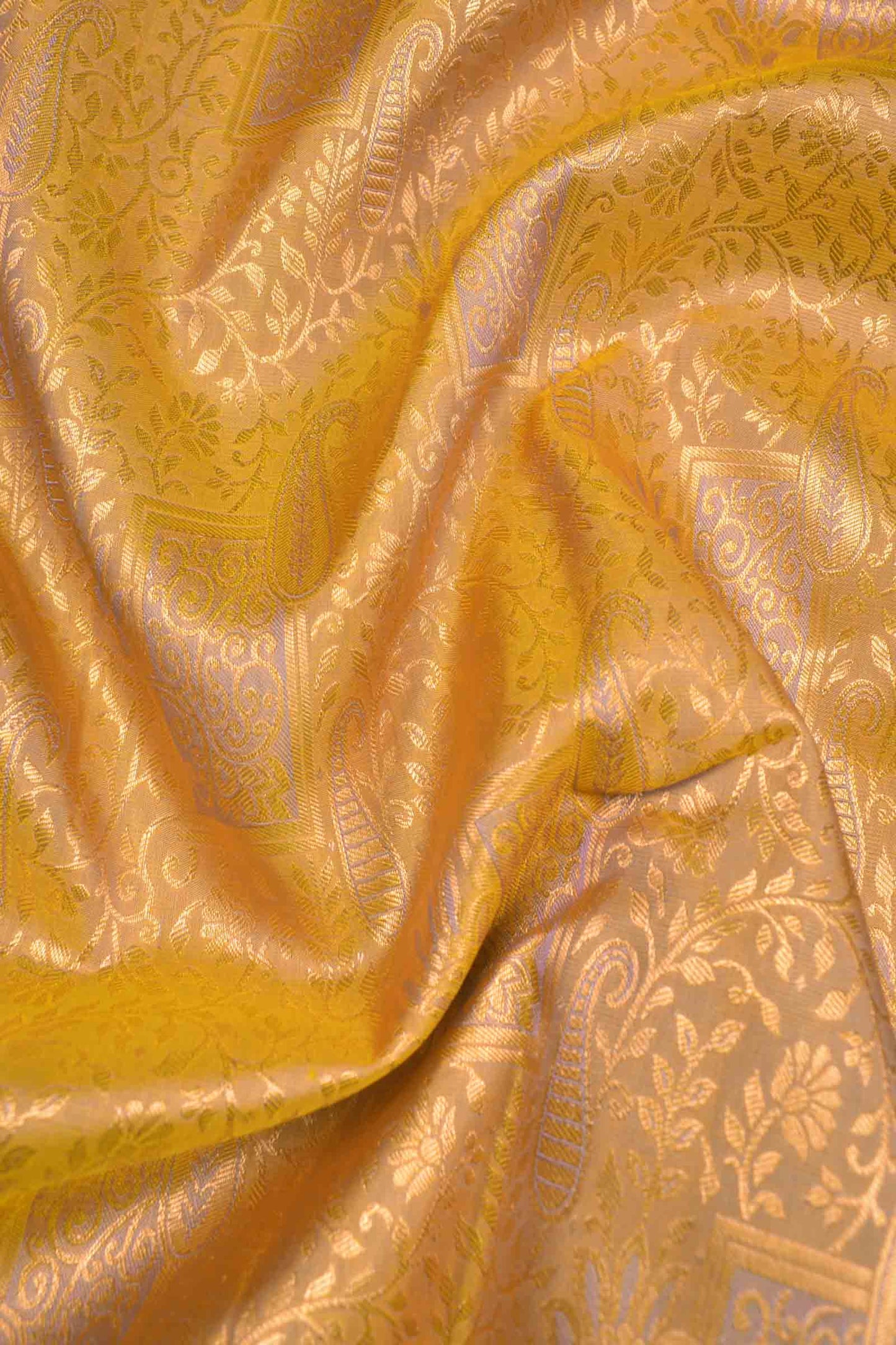 Golden Mustard Yellow Kanchipuram Bridal Pure Silk Contrast Violet Zari Border Pallu Saree NAA169
