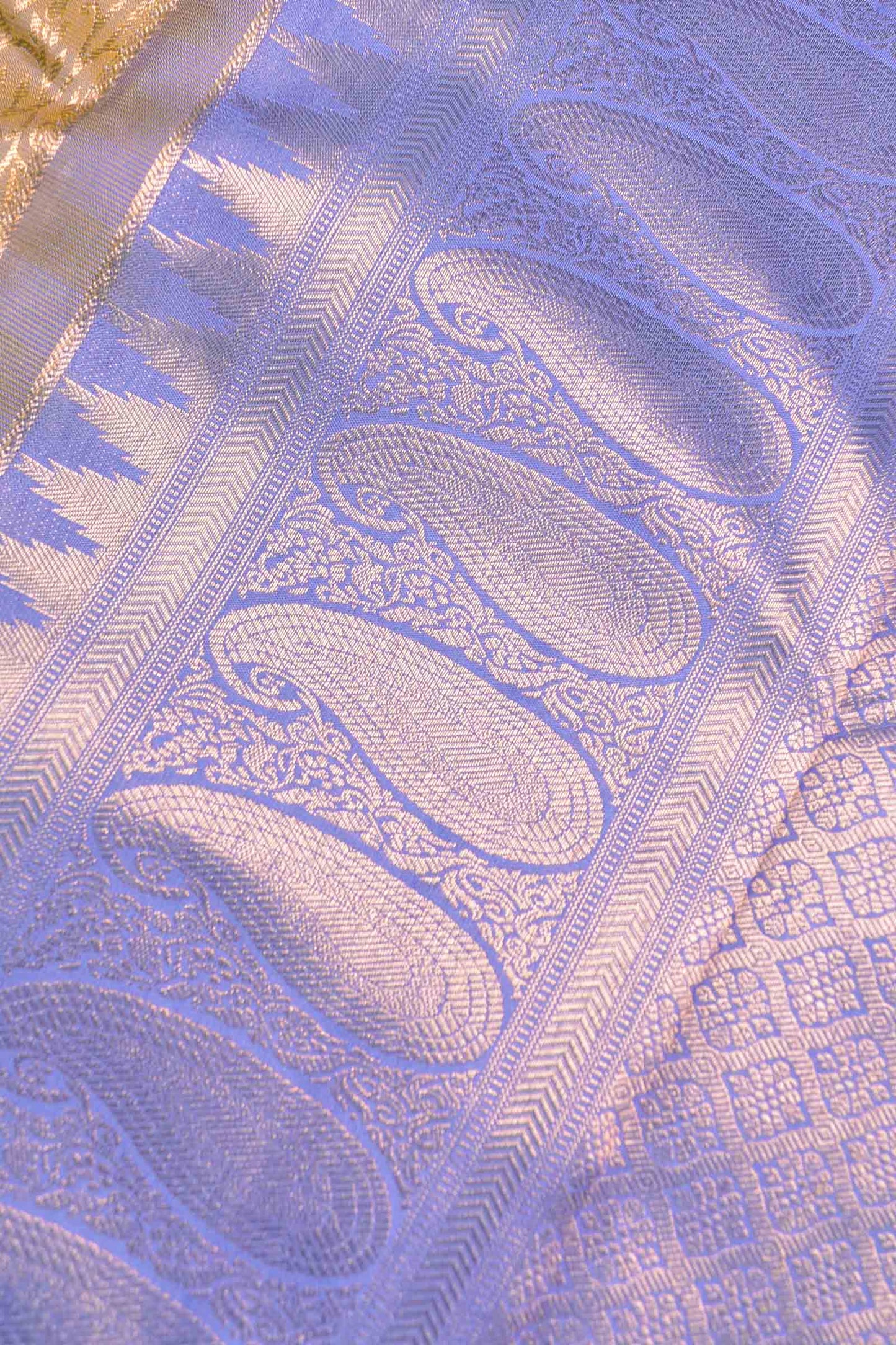 Golden Mustard Yellow Kanchipuram Bridal Pure Silk Contrast Violet Zari Border Pallu Saree NAA169