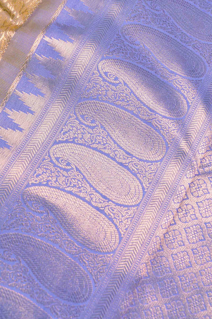 Golden Mustard Yellow Kanchipuram Bridal Pure Silk Contrast Violet Zari Border Pallu Saree NAA169