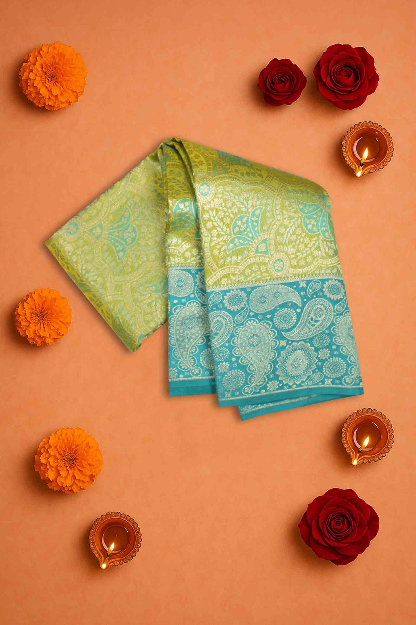 Golden Green Kanchipuram Bridal Pure Silk Fancy Floral Butta Blue Zari Paisely Border Pallu Saree NAA172