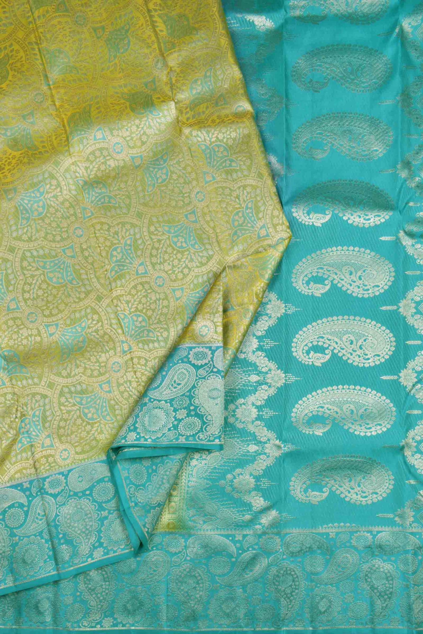 Golden Green Kanchipuram Bridal Pure Silk Fancy Floral Butta Blue Zari Paisely Border Pallu Saree NAA172