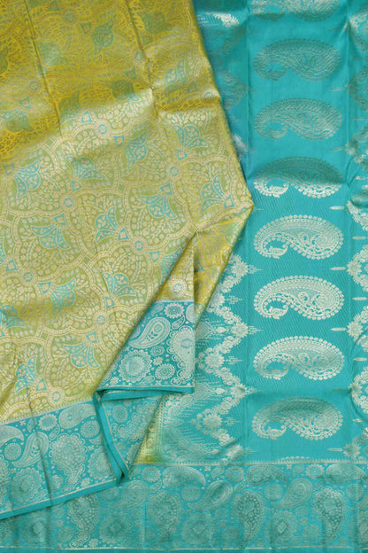 Golden Green Kanchipuram Bridal Pure Silk Fancy Floral Butta Blue Zari Paisely Border Pallu Saree NAA172