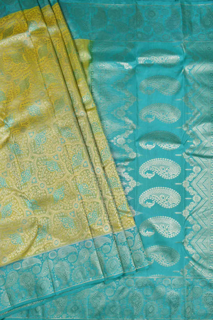 Golden Green Kanchipuram Bridal Pure Silk Fancy Floral Butta Blue Zari Paisely Border Pallu Saree NAA172