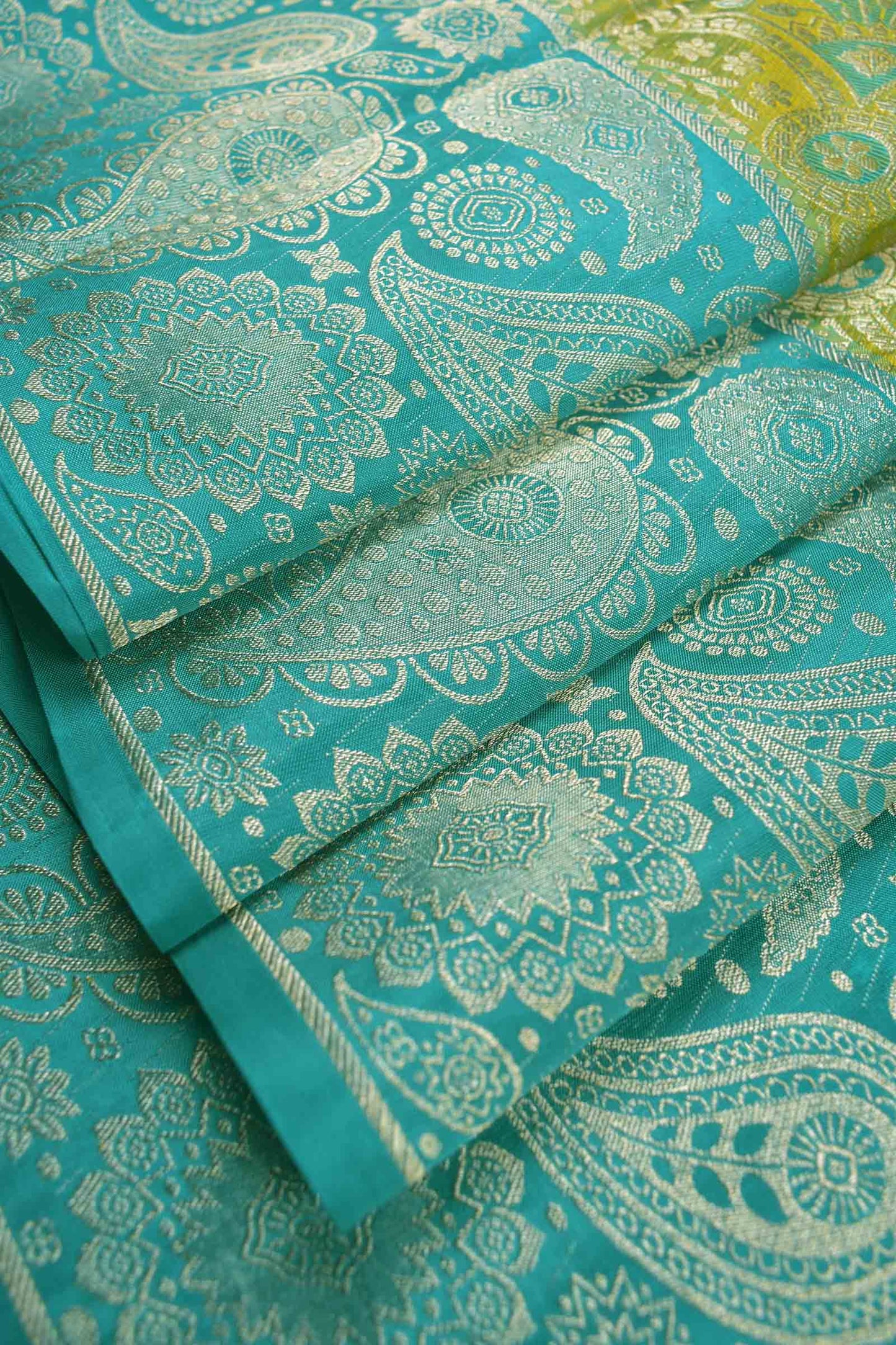 Golden Green Kanchipuram Bridal Pure Silk Fancy Floral Butta Blue Zari Paisely Border Pallu Saree NAA172