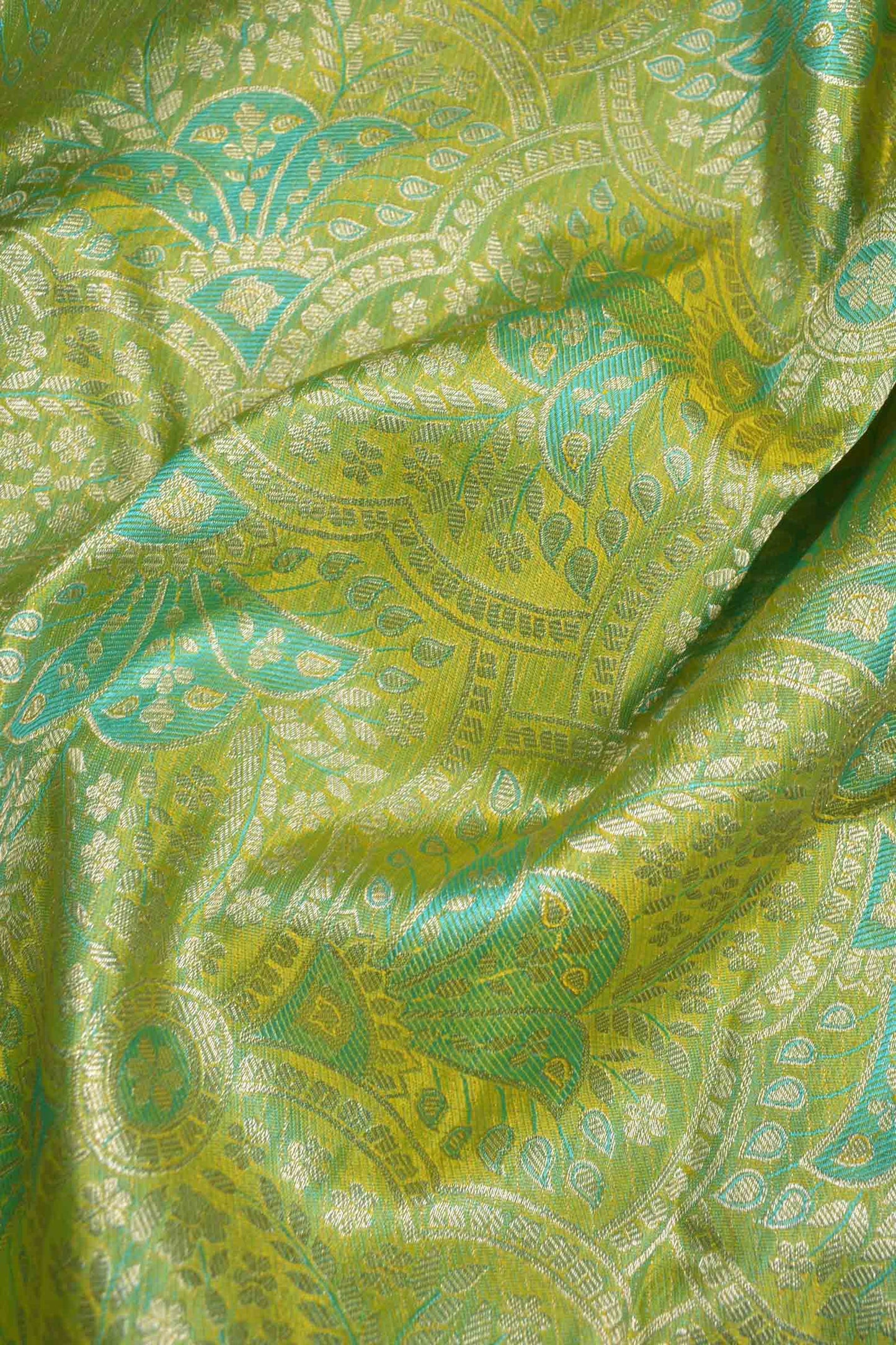 Golden Green Kanchipuram Bridal Pure Silk Fancy Floral Butta Blue Zari Paisely Border Pallu Saree NAA172