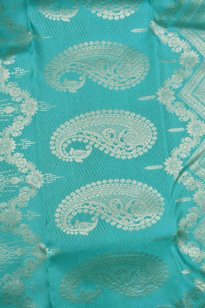 Golden Green Kanchipuram Bridal Pure Silk Fancy Floral Butta Blue Zari Paisely Border Pallu Saree NAA172