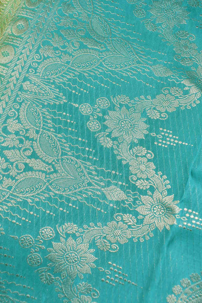 Golden Green Kanchipuram Bridal Pure Silk Fancy Floral Butta Blue Zari Paisely Border Pallu Saree NAA172