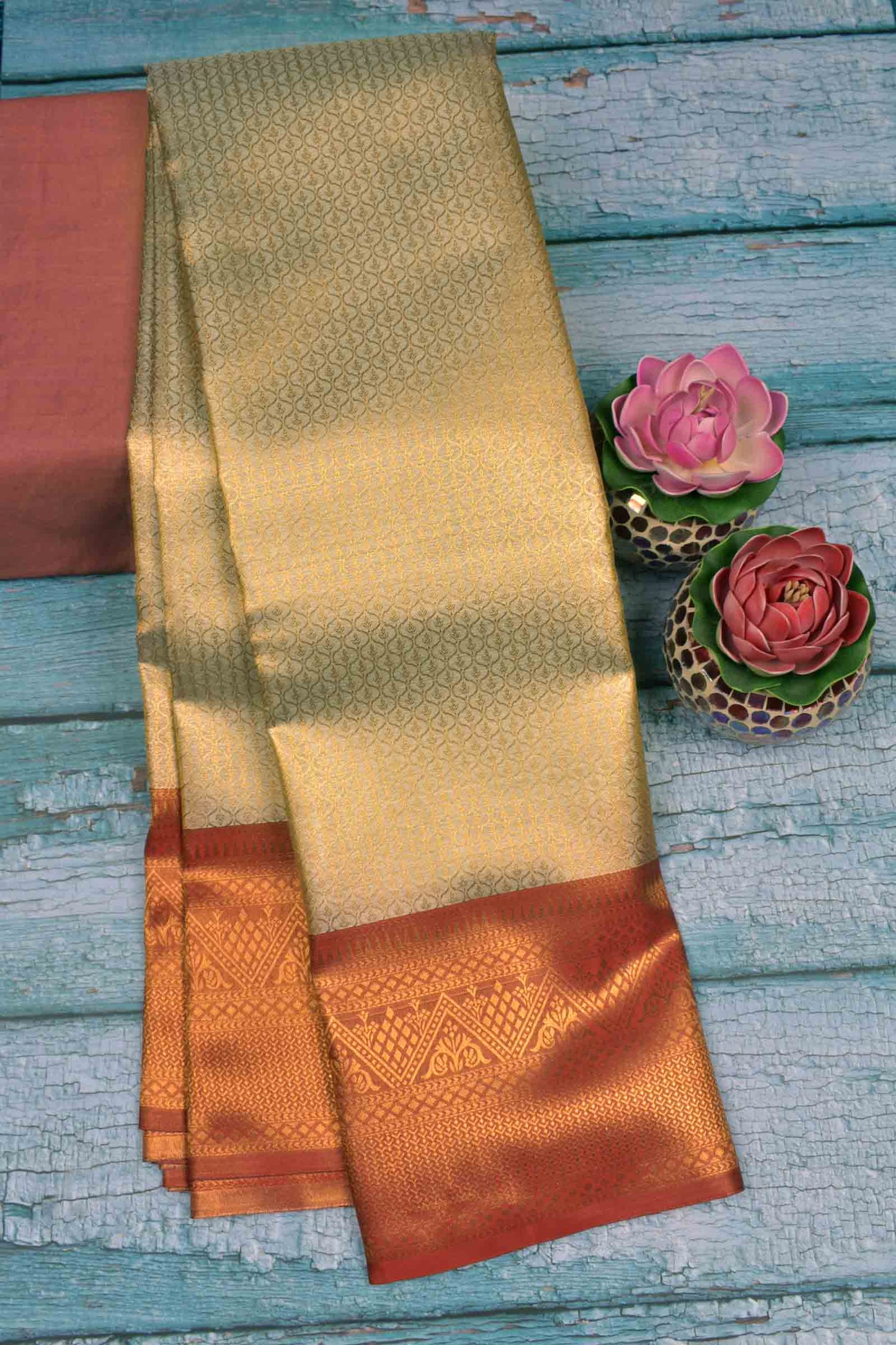 Gold With Silver Semi Tissue Silk Fancy Print  Red Zari Border Pallu Saree