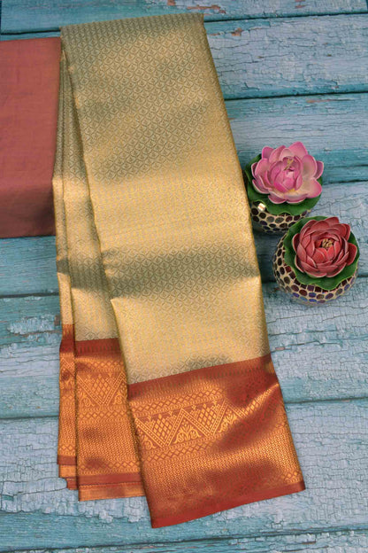 Gold With Silver Semi Tissue Silk Fancy Print  Red Zari Border Pallu Saree