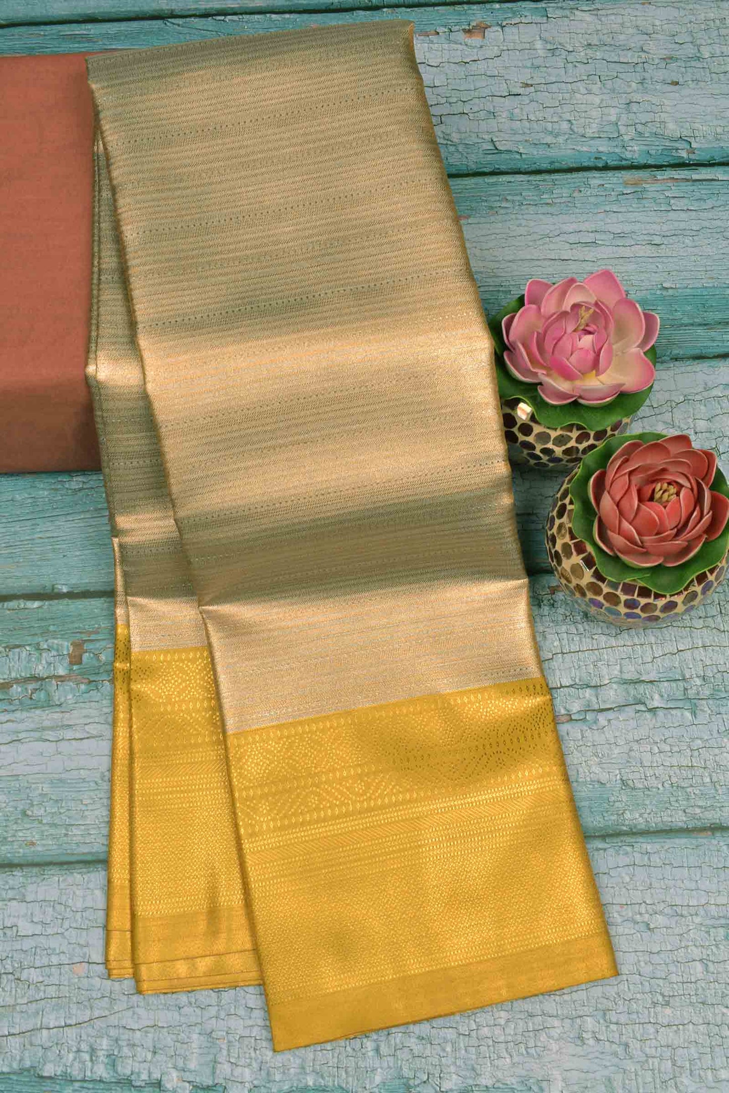 Sliver With Gold Zari Semi Tissue Silk Golden Yellow Zari Border Pallu Soft Saree