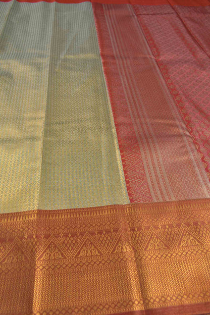 Gold With Silver Semi Tissue Silk Fancy Print  Red Zari Border Pallu Saree