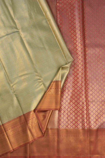 Gold With Silver Semi Tissue Silk Fancy Print  Red Zari Border Pallu Saree