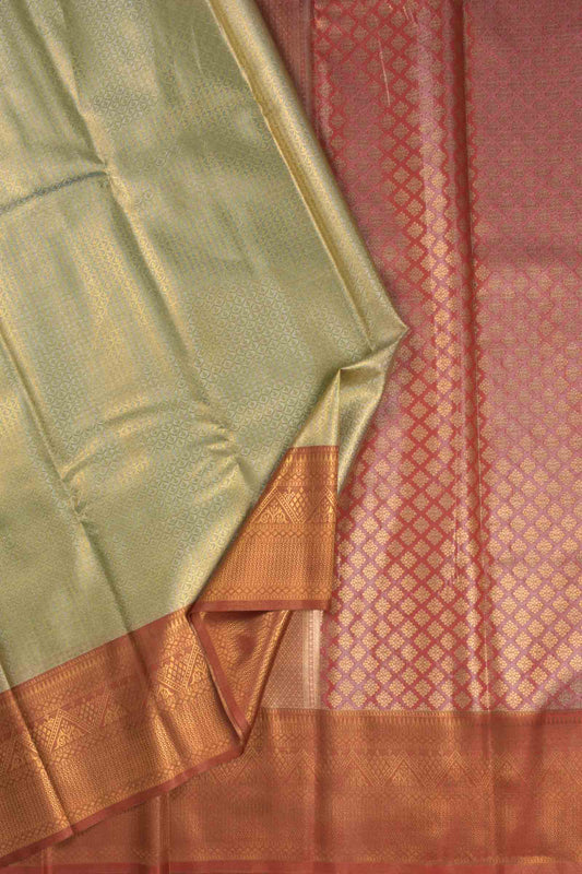 Gold With Silver Semi Tissue Silk Fancy Print  Red Zari Border Pallu Saree