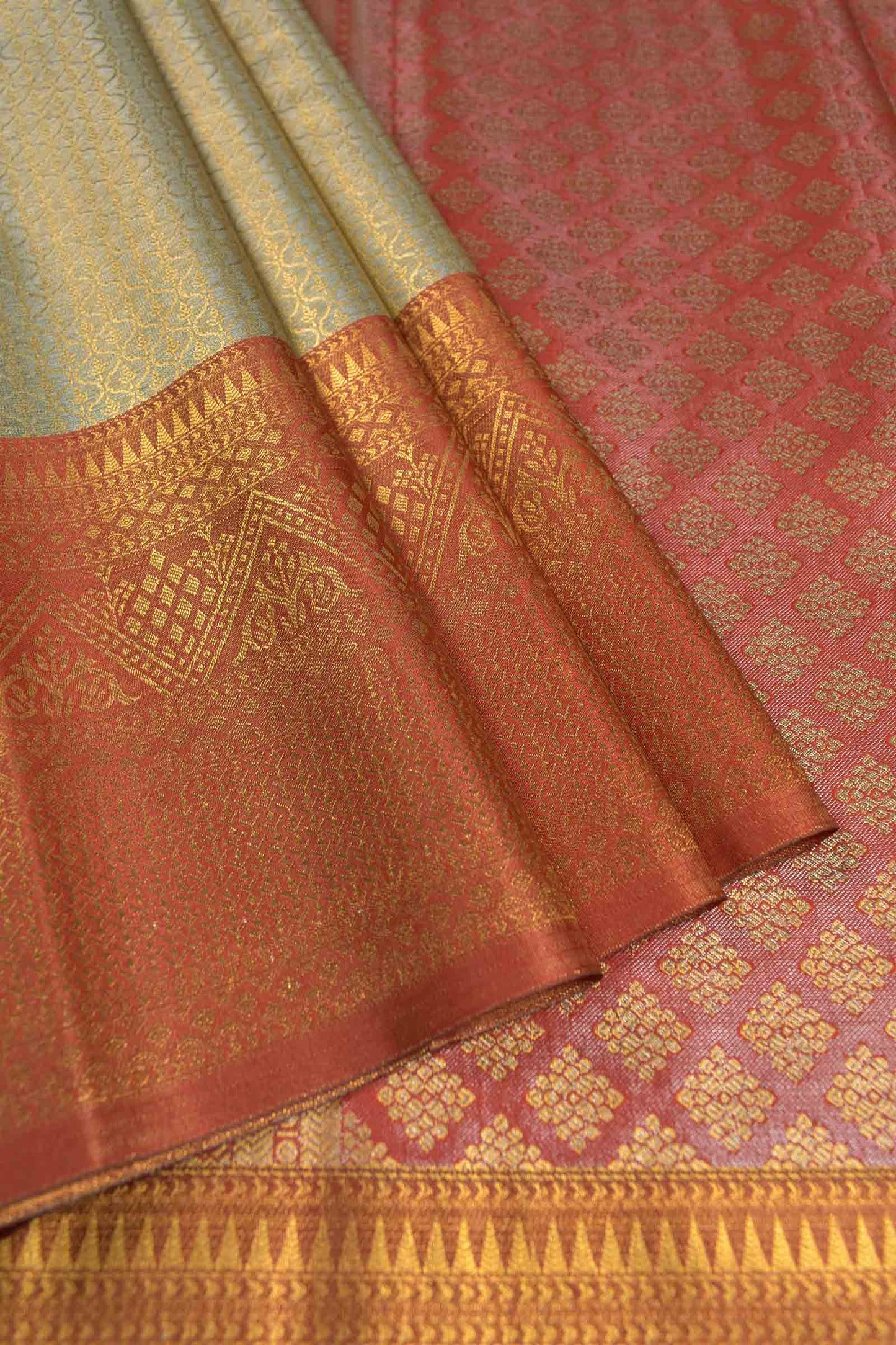 Gold With Silver Semi Tissue Silk Fancy Print  Red Zari Border Pallu Saree