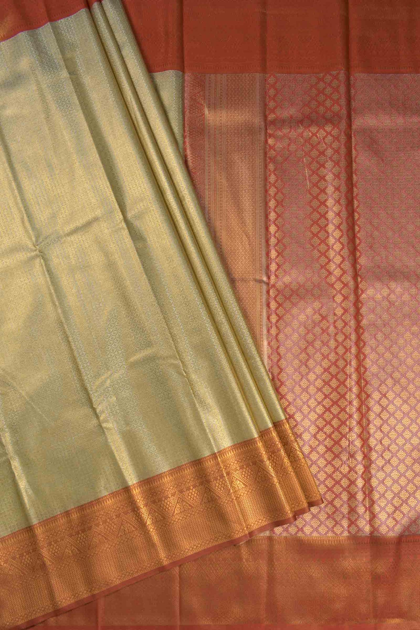 Gold With Silver Semi Tissue Silk Fancy Print  Red Zari Border Pallu Saree