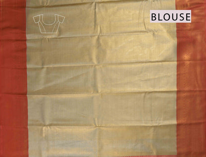 Gold With Silver Semi Tissue Silk Fancy Print  Red Zari Border Pallu Saree