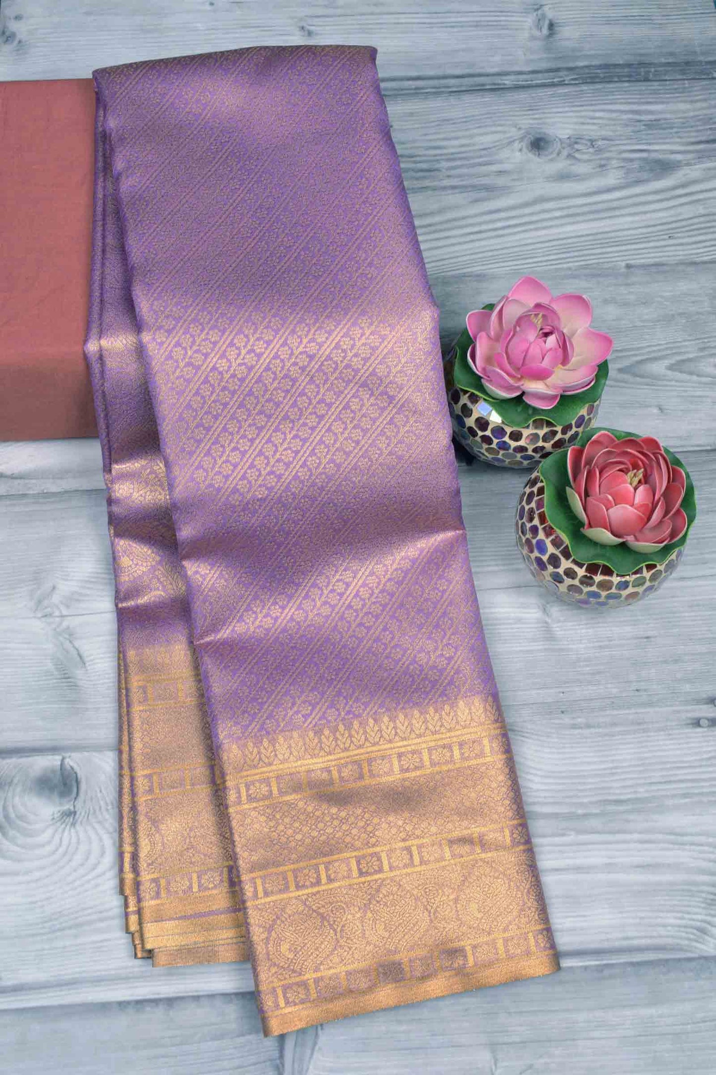 Golden Voilet Semi Tissue Silk Cross Lines Fancy Print Zari Border Saree