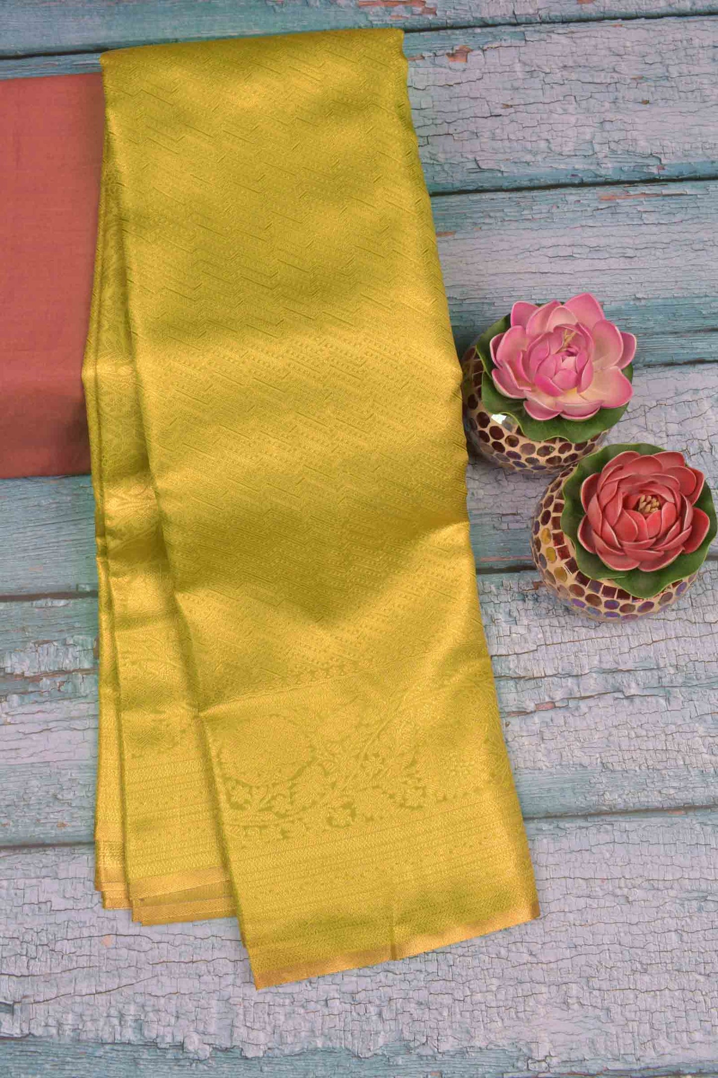 Golden Yellow Semi Tissue Silk Fancy Print Zari Border Saree