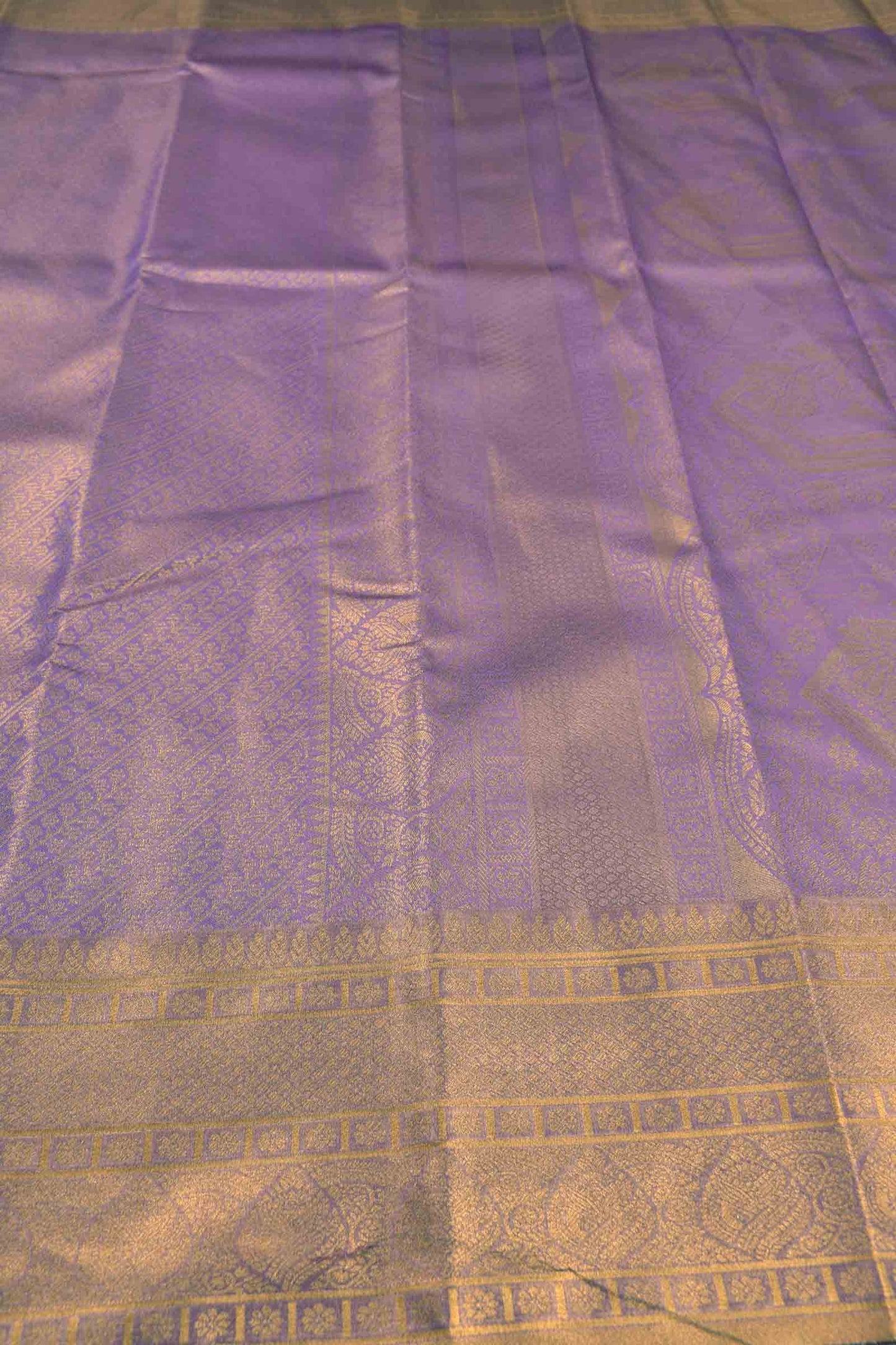 Golden Voilet Semi Tissue Silk Cross Lines Fancy Print Zari Border Saree