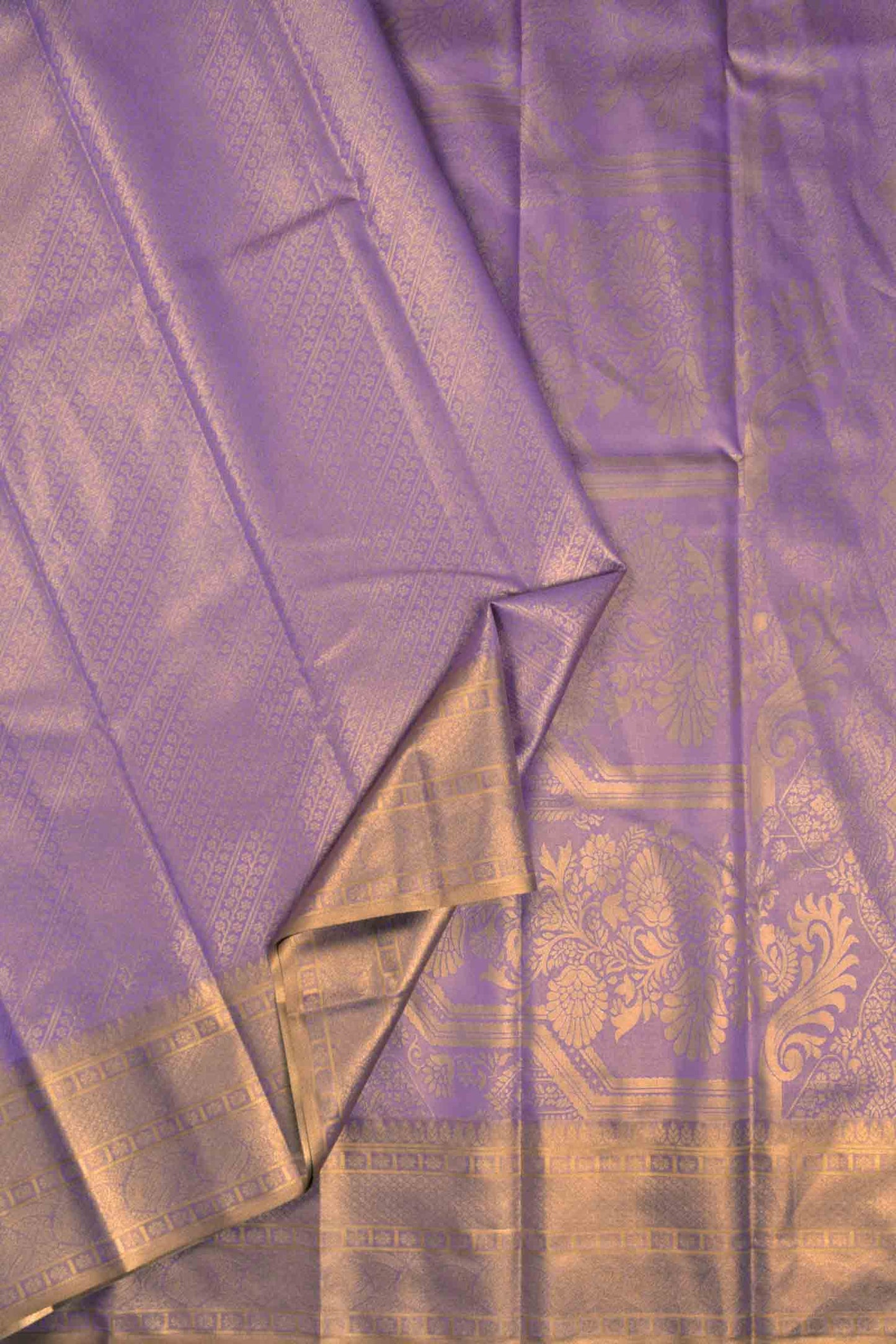 Golden Voilet Semi Tissue Silk Cross Lines Fancy Print Zari Border Saree