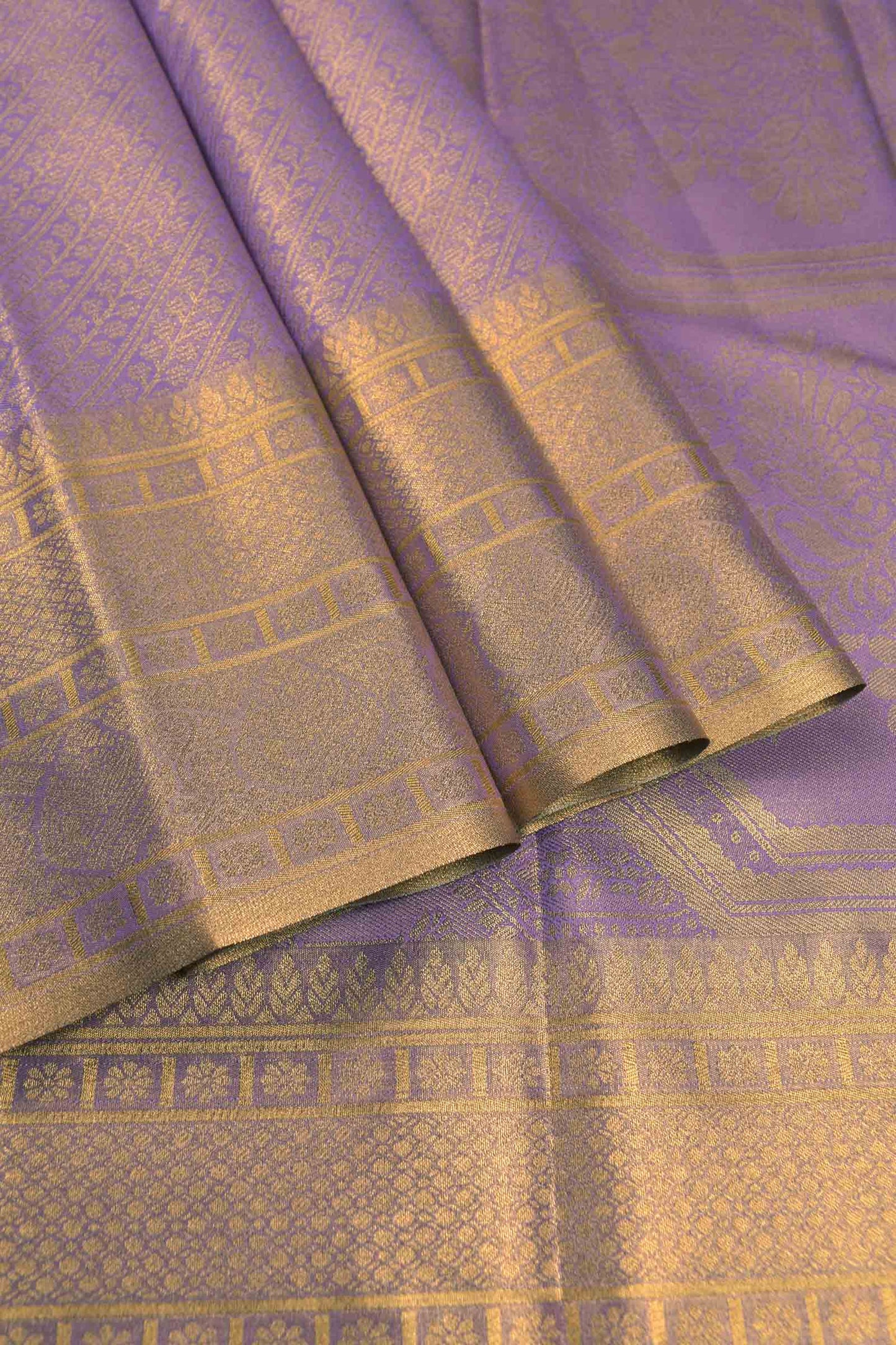 Golden Voilet Semi Tissue Silk Cross Lines Fancy Print Zari Border Saree
