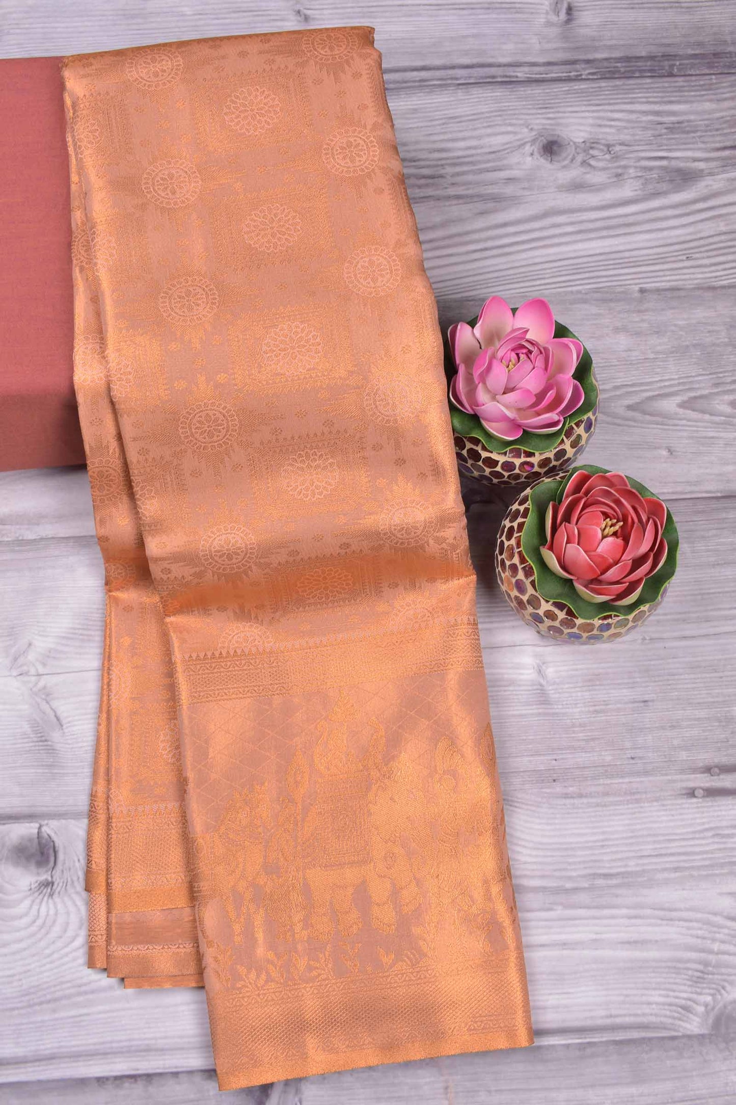 Light Copper Semi Tissue Silk Copper Floral Frames Fancy Print Zari Border Saree