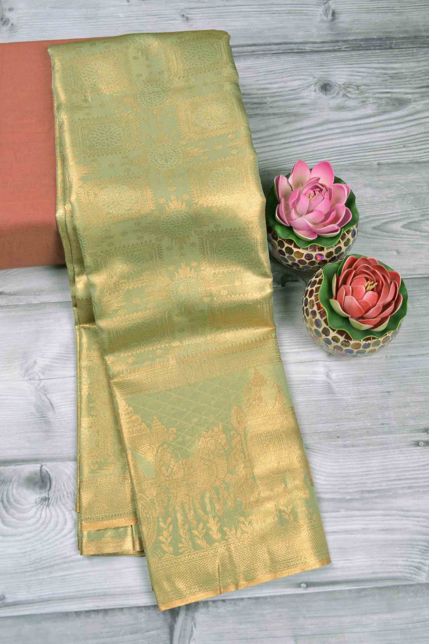 Light Green Semi Tissue Silk Copper Floral Frames Fancy Print Zari Border Saree