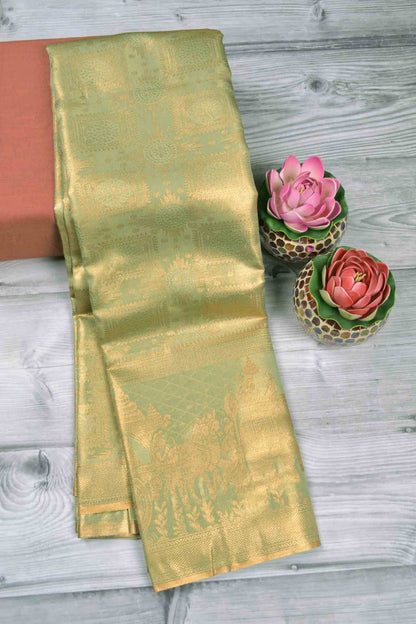 Light Green Semi Tissue Silk Copper Floral Frames Fancy Print Zari Border Saree