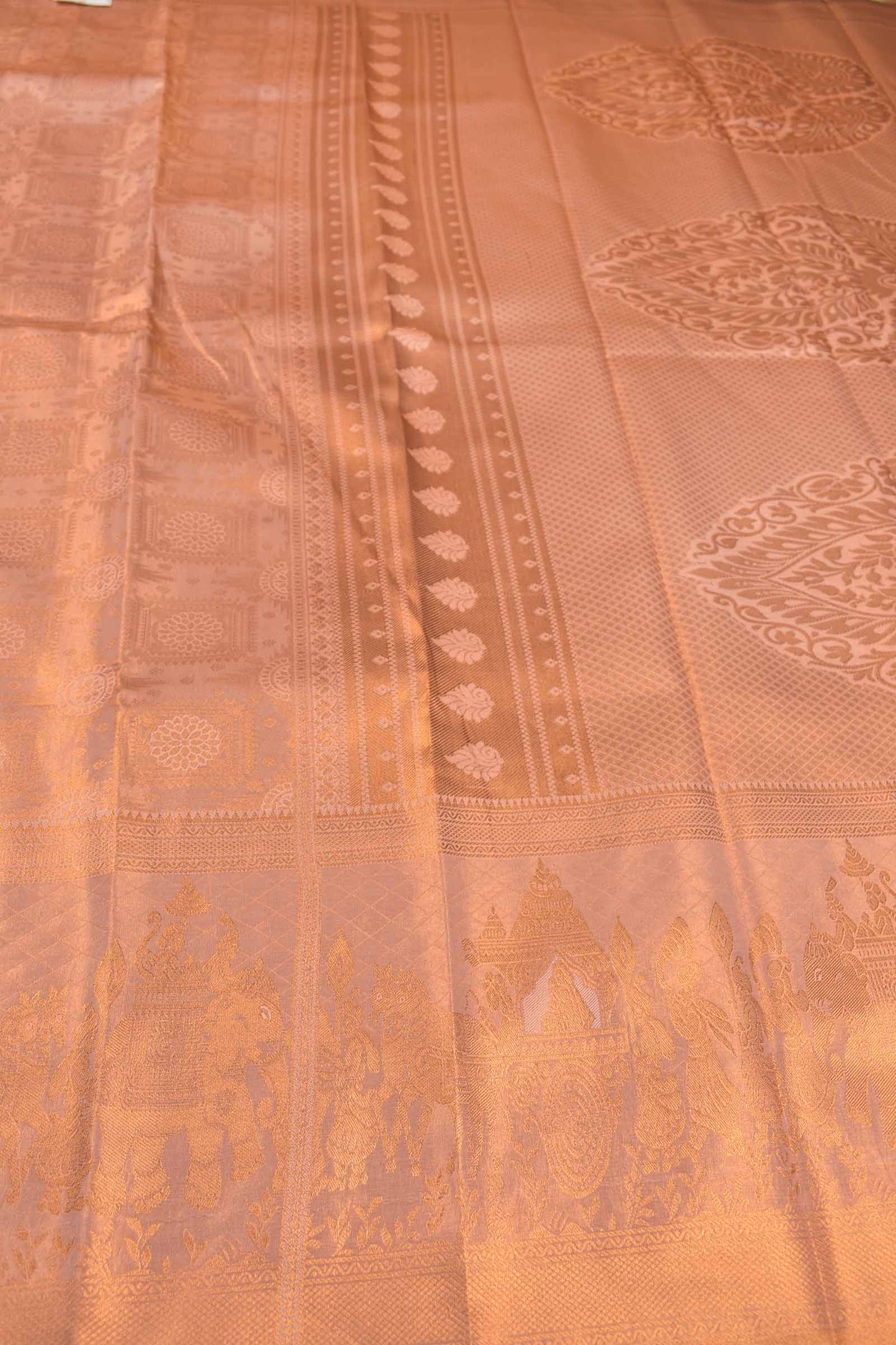 Light Copper Semi Tissue Silk Copper Floral Frames Fancy Print Zari Border Saree
