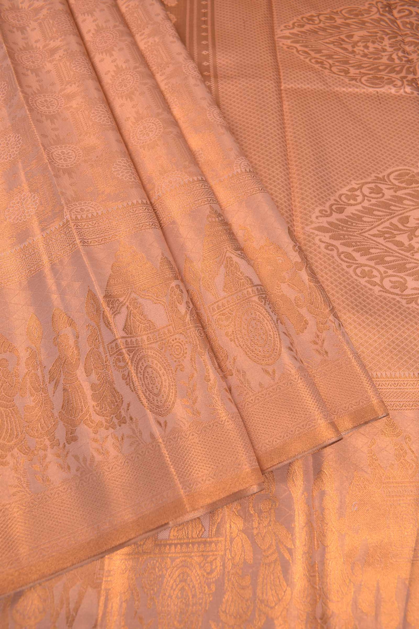 Light Copper Semi Tissue Silk Copper Floral Frames Fancy Print Zari Border Saree