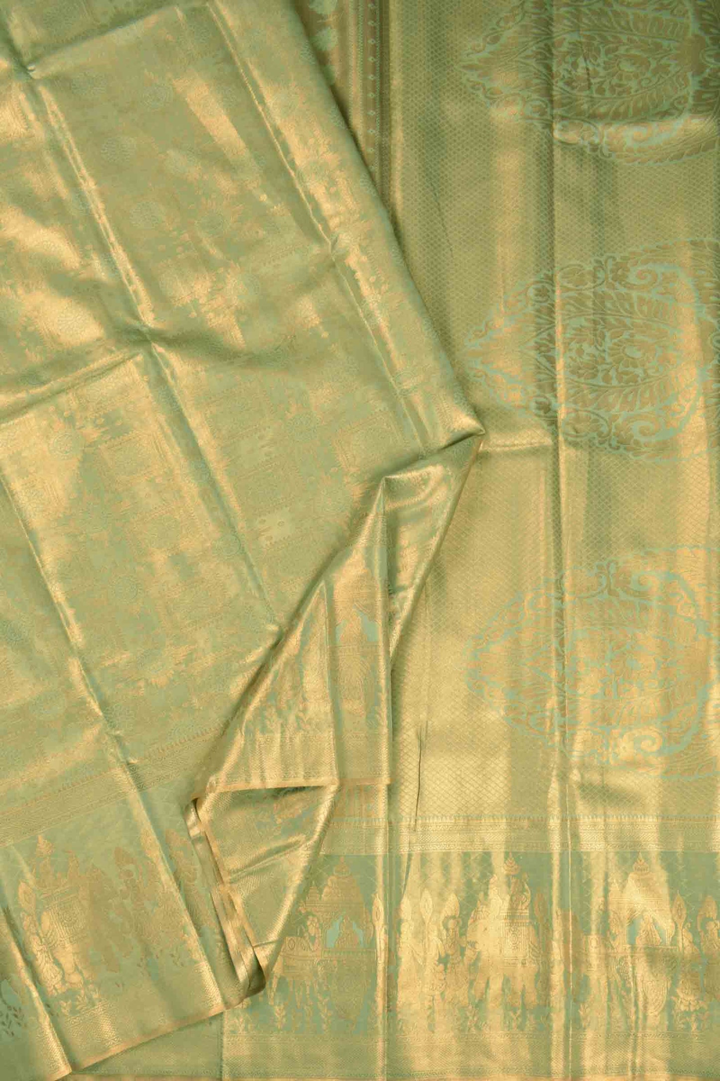 Light Green Semi Tissue Silk Copper Floral Frames Fancy Print Zari Border Saree