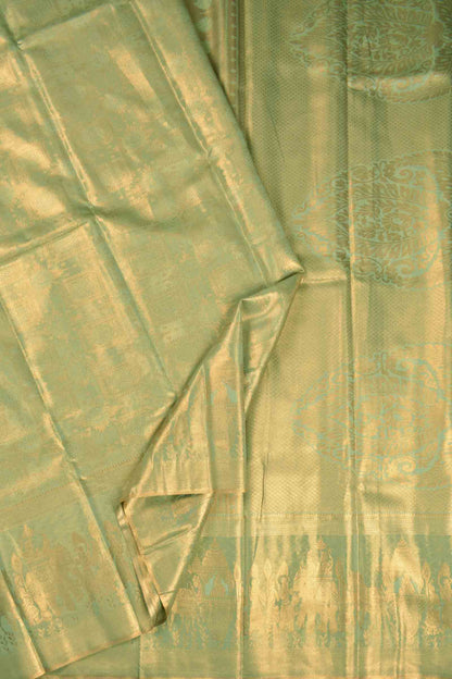 Light Green Semi Tissue Silk Copper Floral Frames Fancy Print Zari Border Saree
