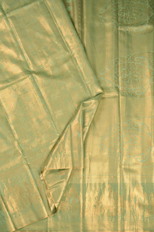 Light Green Semi Tissue Silk Copper Floral Frames Fancy Print Zari Border Saree