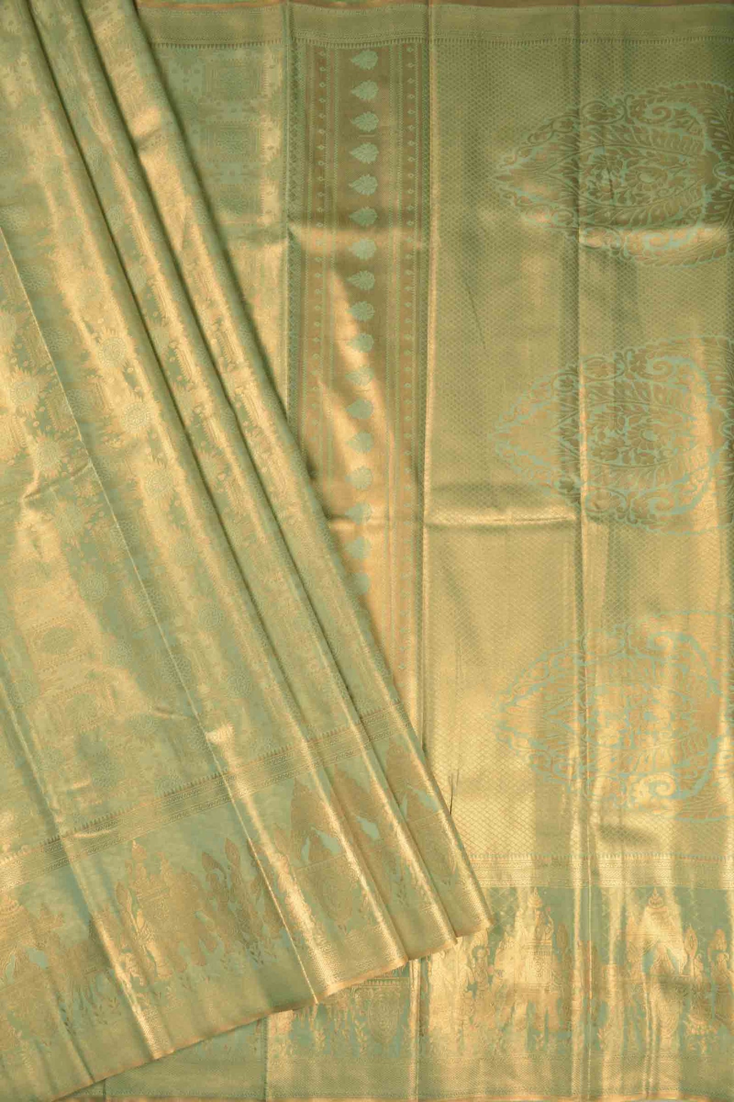 Light Green Semi Tissue Silk Copper Floral Frames Fancy Print Zari Border Saree