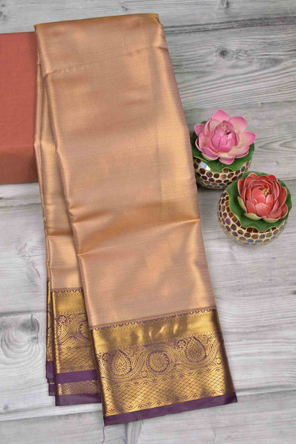 Light Pink Semi Tissue Silk Zari Little Waves Contrast Violet Zari Border Pallu Saree