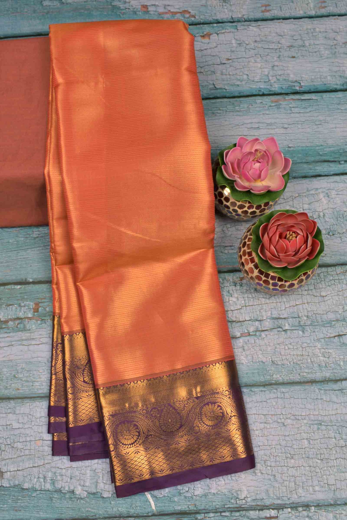 Golden Dark Peach Semi Tissue Silk Zari Little Waves Contrast Violet Zari Border Pallu Saree