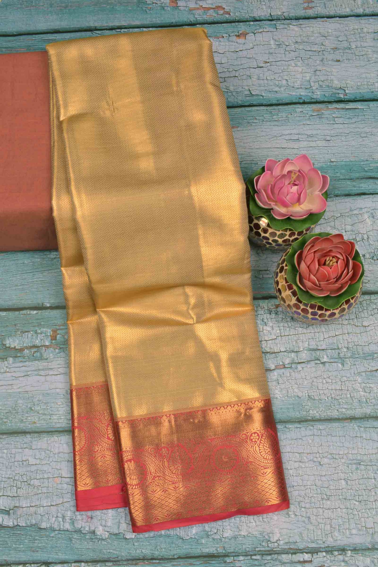 Golden Dark Sandal Semi Tissue Silk Zari Little Waves Contrast Pink Zari Border Pallu Saree