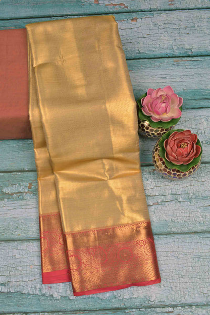 Golden Dark Sandal Semi Tissue Silk Zari Little Waves Contrast Pink Zari Border Pallu Saree