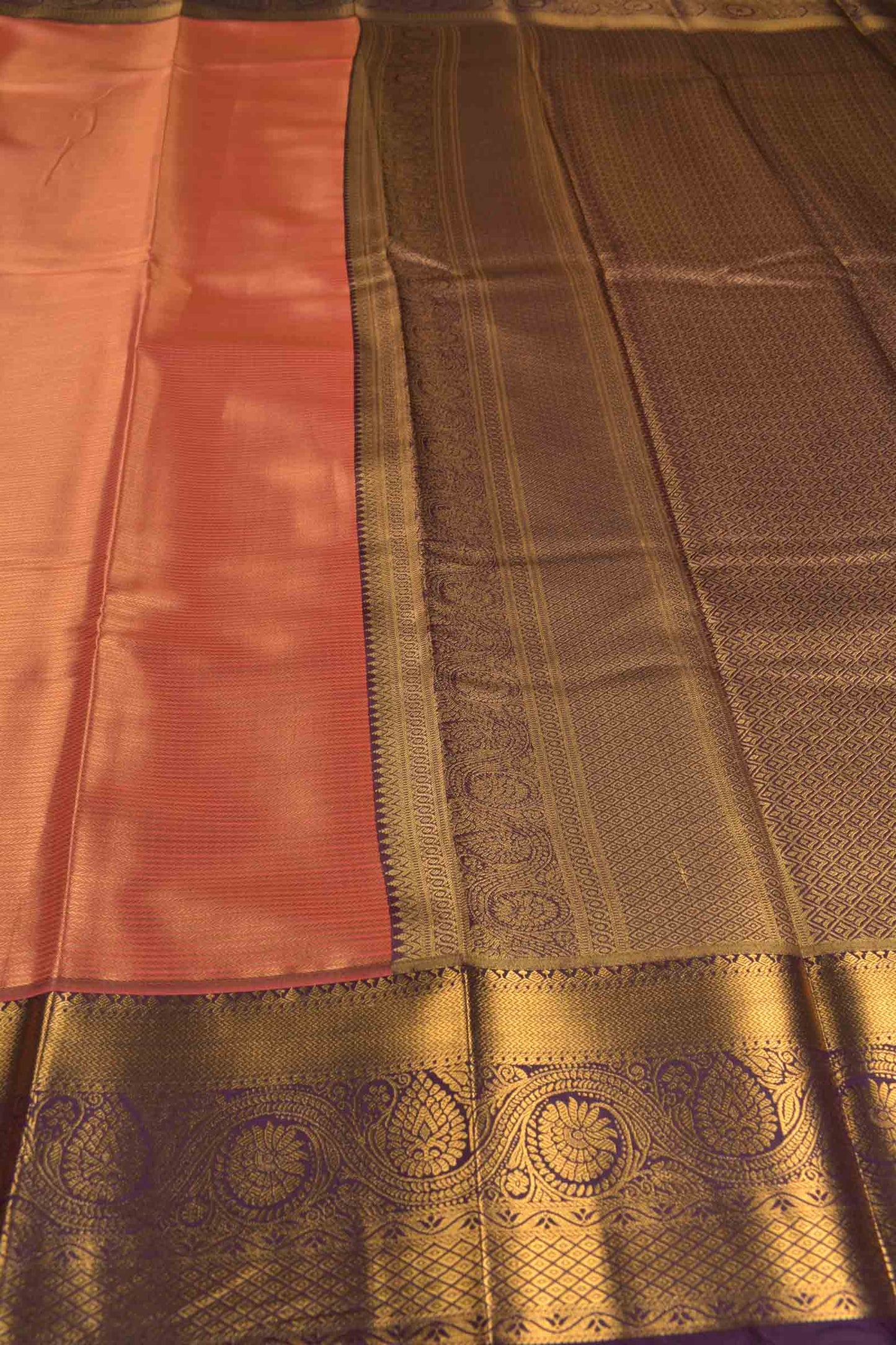 Golden Dark Peach Semi Tissue Silk Zari Little Waves Contrast Violet Zari Border Pallu Saree