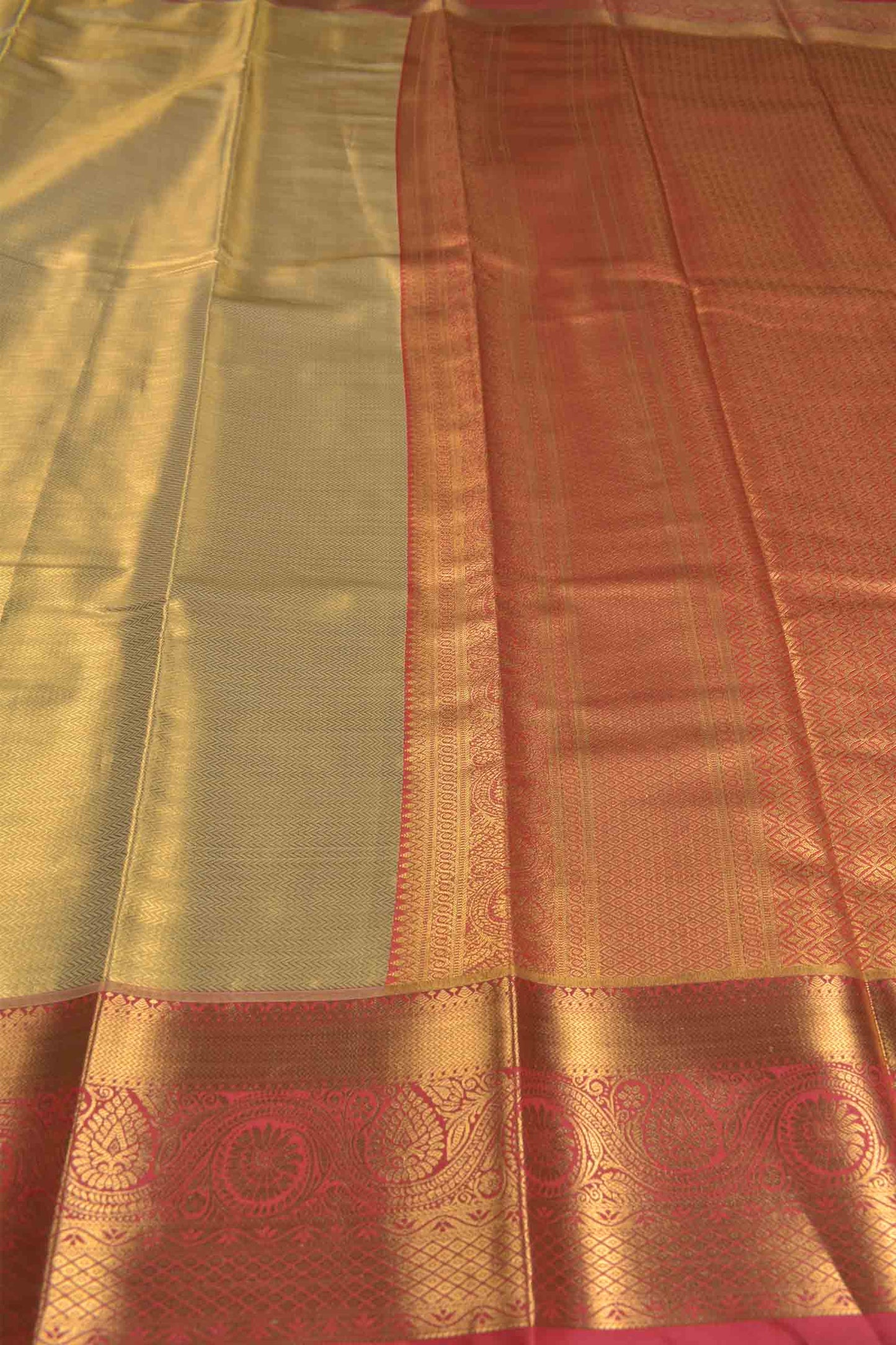 Golden Dark Sandal Semi Tissue Silk Zari Little Waves Contrast Pink Zari Border Pallu Saree