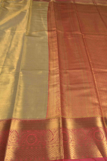 Golden Dark Sandal Semi Tissue Silk Zari Little Waves Contrast Pink Zari Border Pallu Saree