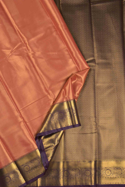 Golden Dark Peach Semi Tissue Silk Zari Little Waves Contrast Violet Zari Border Pallu Saree