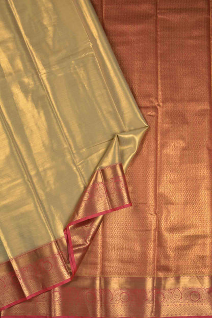 Golden Dark Sandal Semi Tissue Silk Zari Little Waves Contrast Pink Zari Border Pallu Saree