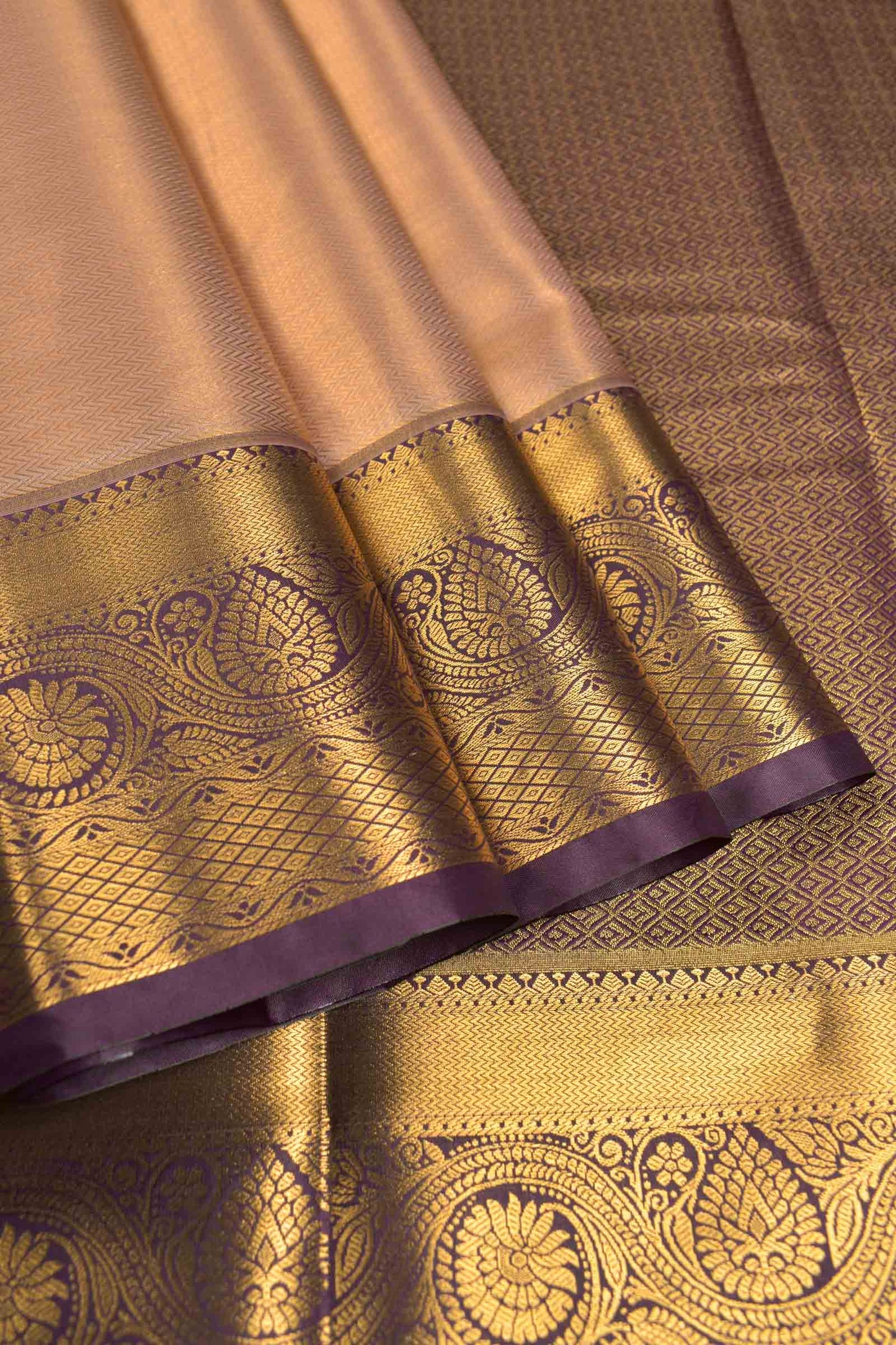 Light Pink Semi Tissue Silk Zari Little Waves Contrast Violet Zari Border Pallu Saree