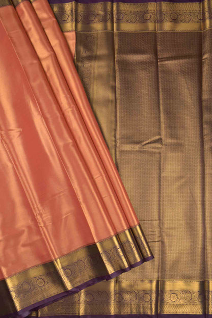 Golden Dark Peach Semi Tissue Silk Zari Little Waves Contrast Violet Zari Border Pallu Saree