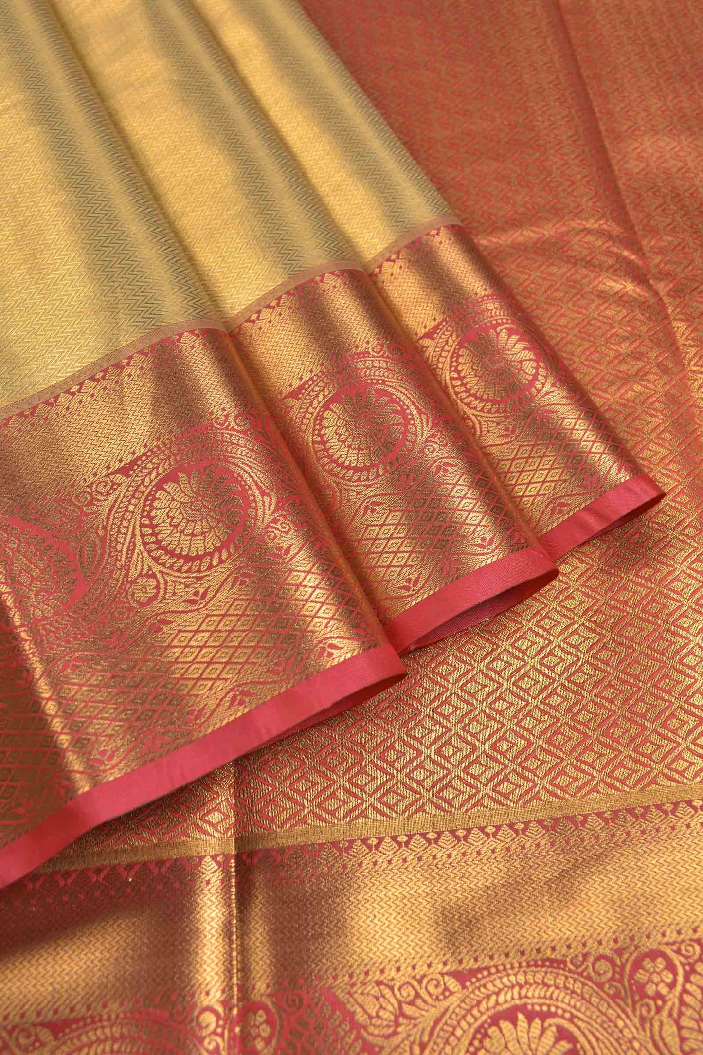 Golden Dark Sandal Semi Tissue Silk Zari Little Waves Contrast Pink Zari Border Pallu Saree