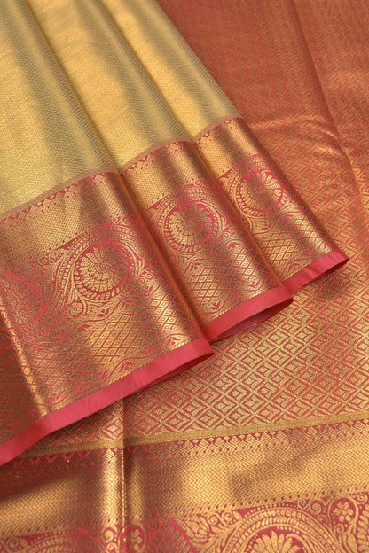 Golden Dark Sandal Semi Tissue Silk Zari Little Waves Contrast Pink Zari Border Pallu Saree