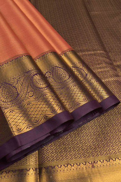 Golden Dark Peach Semi Tissue Silk Zari Little Waves Contrast Violet Zari Border Pallu Saree