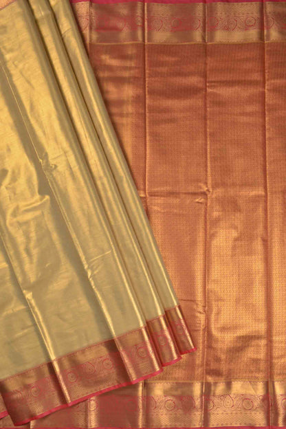 Golden Dark Sandal Semi Tissue Silk Zari Little Waves Contrast Pink Zari Border Pallu Saree